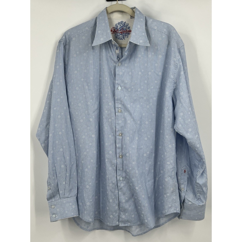 Robert Graham Men's Size XL Button Up Shirt Light Blue Polka Dots White Cuffs